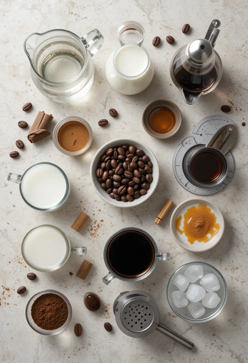 A top-down view of coffee-making ingredients and tools, including coffee beans, milk, ice, cinnamon sticks, ground coffee, syrups, and brewing accessories arranged neatly on a marble surface.