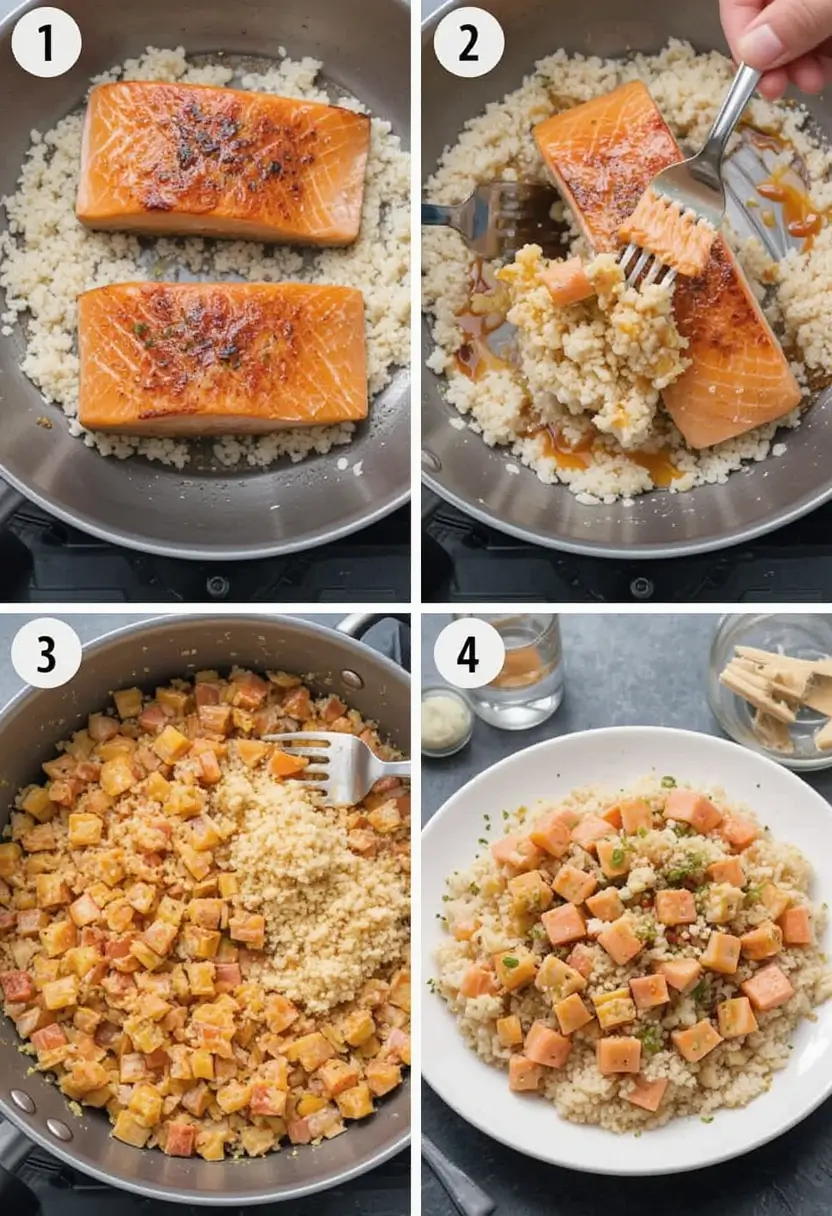 Step-by-step images showing salmon being cooked with couscous in a pan, flaked and mixed before serving.