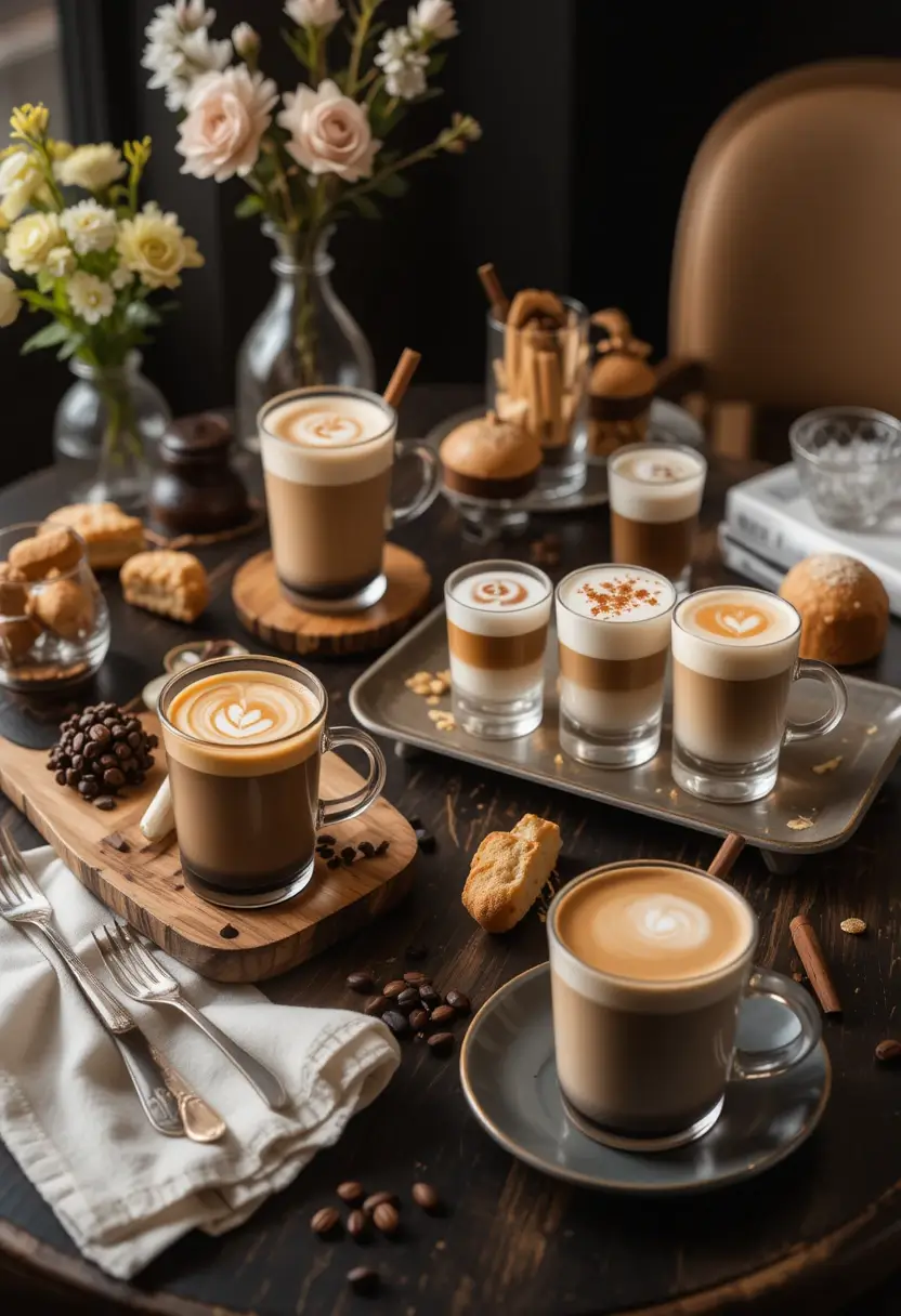 A cozy table setting featuring various coffee drinks with latte art, surrounded by small pastries, coffee beans, and fresh flower arrangements in vases.