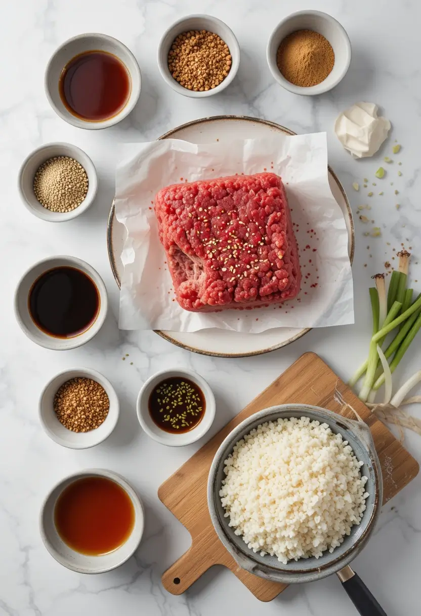 This image shows the ingredients for a Ground Beef Bulgogi recipe, laid out beautifully on a marble countertop. Here's what I can identify:
Ground beef (center, raw with sesame seeds sprinkled on top)
Cooked rice (bottom right in a bowl over a wooden cutting board)
Green onions/scallions (fresh, to the right of the beef)
Soy sauce (likely in a couple of the darker liquids in bowls)
Sesame oil (one of the amber-colored liquids)
Minced garlic or garlic paste (top right, near the green onions)
Brown sugar or coconut sugar (top right in a small bowl)
Toasted sesame seeds (in multiple bowls—golden and light tan)
Gochujang or a Korean chili paste/sauce (possibly in one of the reddish-brown sauces)
Mirin or rice vinegar (another amber liquid)