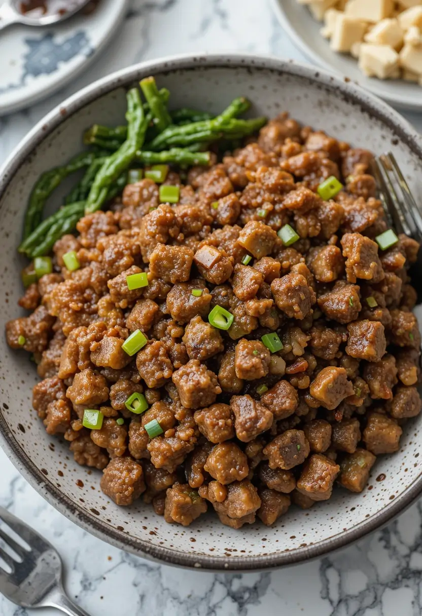 A bowl of ground beef bulgogi garnished with chopped green onions and served with green beans on the side, presented in a speckled ceramic bowl on a marble surface.