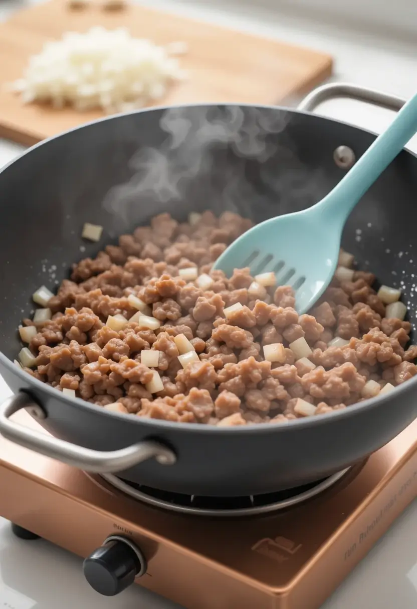 This image shows the cooking process for the Ground Beef Bulgogi recipe. Here's what’s happening:
Ground beef is being browned in a wok or deep skillet over medium heat.
Small cubes of what looks like diced onion (or possibly water chestnuts or daikon for a crunch factor) are mixed in.
A silicone spatula is being used to stir the mixture.
There's visible steam, meaning the ingredients are cooking and likely near the point where you'd add sauces or other aromatics.
Based on this step and the ingredients from the previous image, it looks like the sequence might go something like:
Brown ground beef in a large pan or wok.
Add diced onions and sauté until translucent.
Stir in the bulgogi sauce (soy sauce, sesame oil, brown sugar, garlic, etc.).
Cook until the beef is fully coated and glazed.
Serve over rice and top with sesame seeds and chopped green onions.