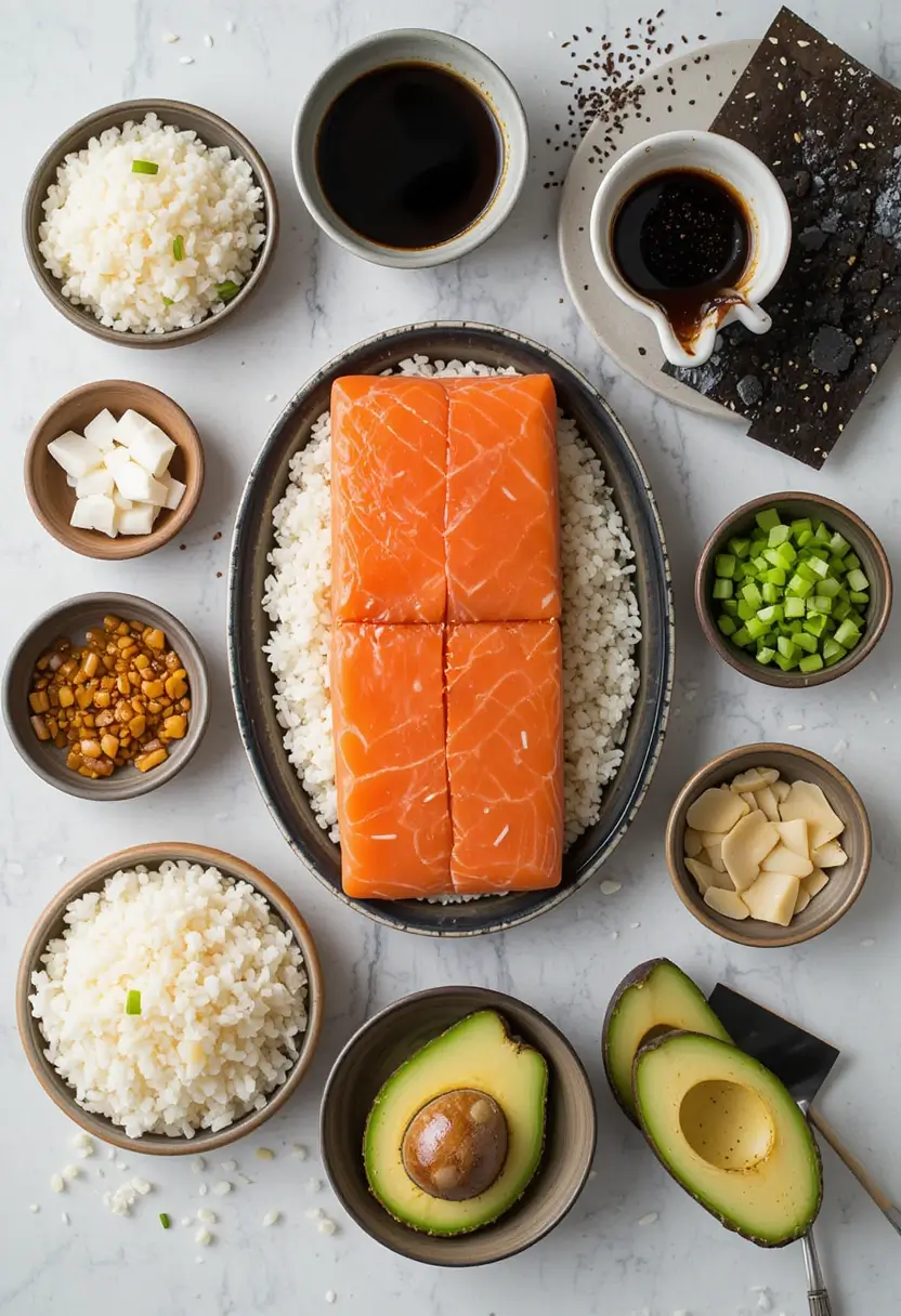 Fresh ingredients laid out for salmon couscous bowls, including salmon fillets, rice, avocado, green onions, sauces, and nori.