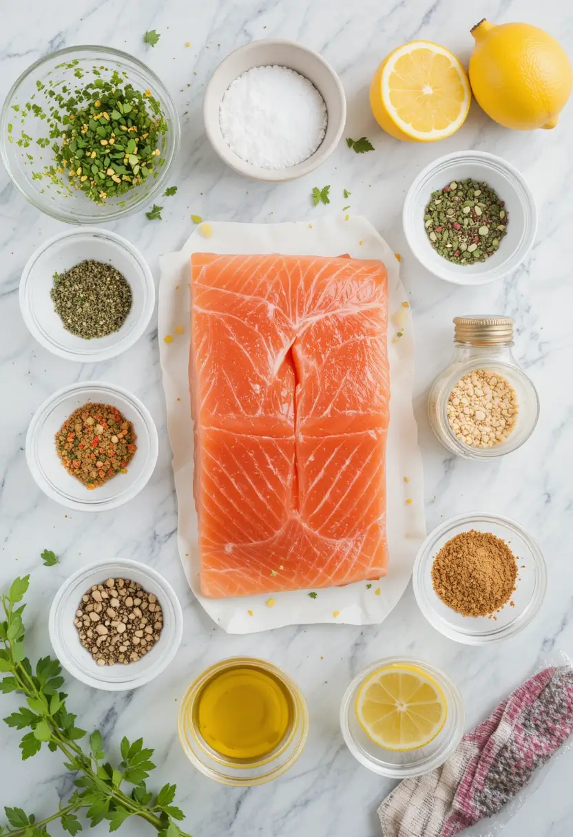 Fresh salmon fillets surrounded by various herbs, spices, lemon, oil, and seasonings arranged on a marble countertop, ready for preparation.