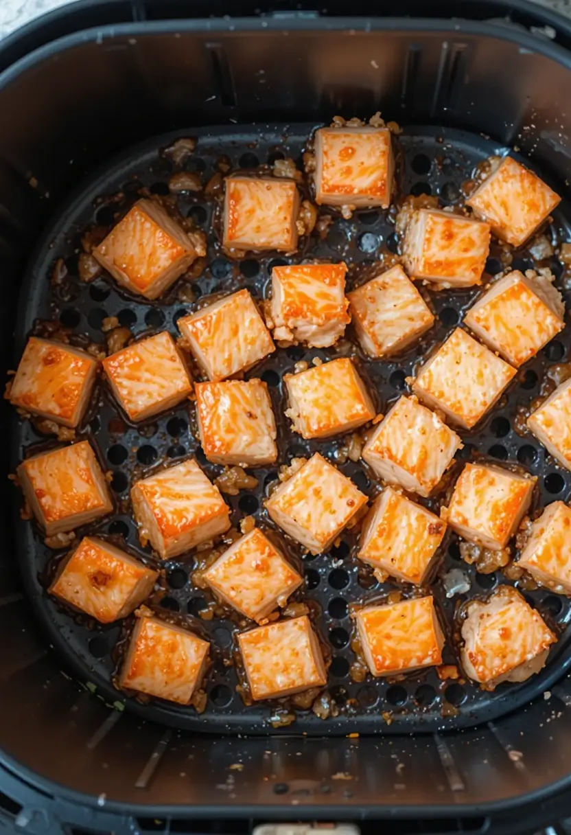 Glazed salmon cubes arranged in an air fryer basket, mid-cooking, with caramelized marinade and golden edges visible.