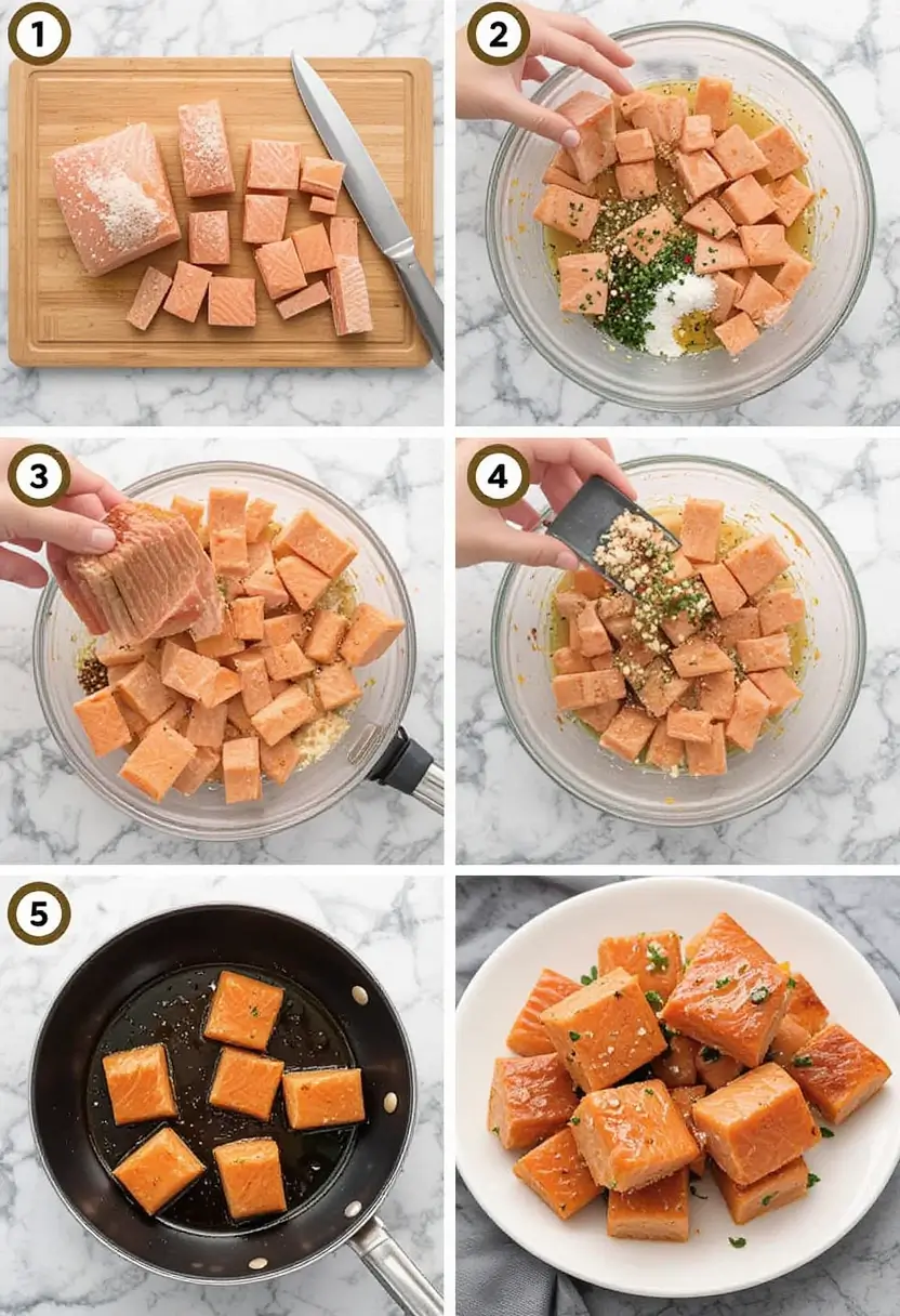 Step-by-step photo collage showing the preparation of salmon bites: cutting the salmon into cubes, marinating with herbs and seasonings in a bowl, and pan-searing the cubes before plating them garnished with herbs.