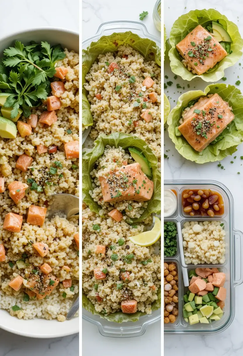 Prepared couscous mixed with salmon cubes and avocado, served in lettuce cups and meal prep containers.