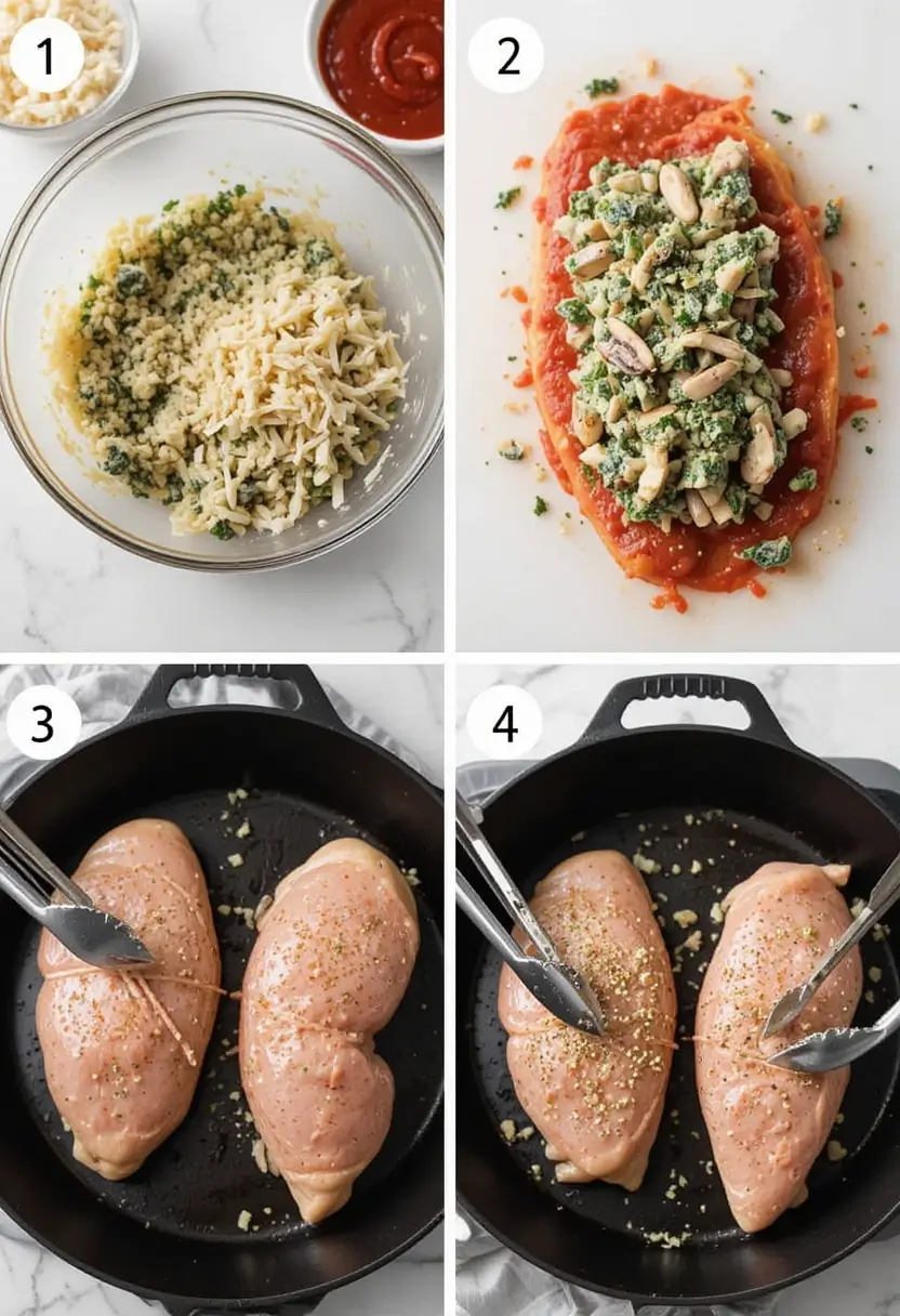 Steps with images on how to make Stuffed Chicken Breast with mushroom spinach stuffing.
