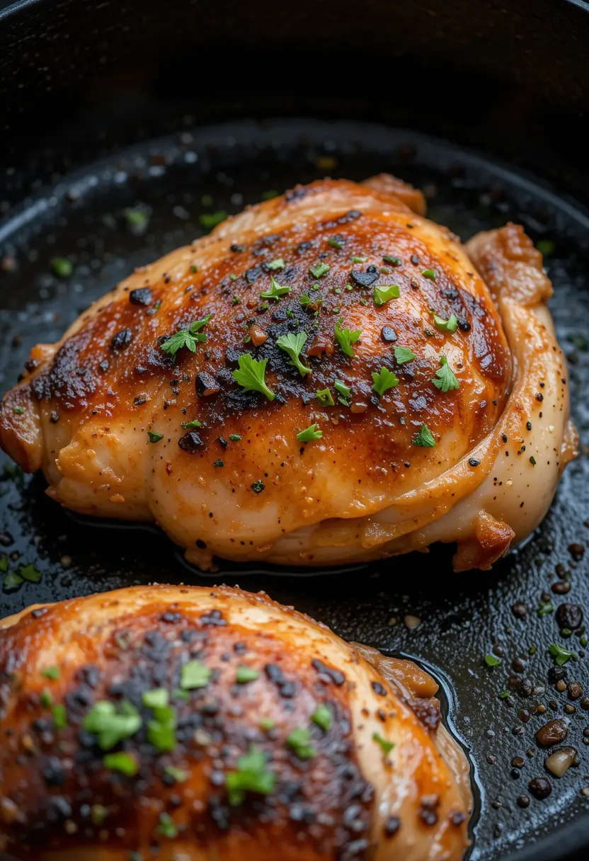 close up of stuffed chicken breast with mushroom and spinach stuffing inside it, cooked on a cast iron pan.