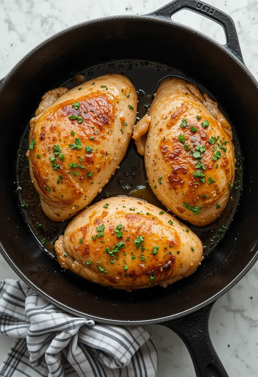 Three Chicken breasts with a stuffing of cheese, mushroom and spinach cooked on a cast iron pan.