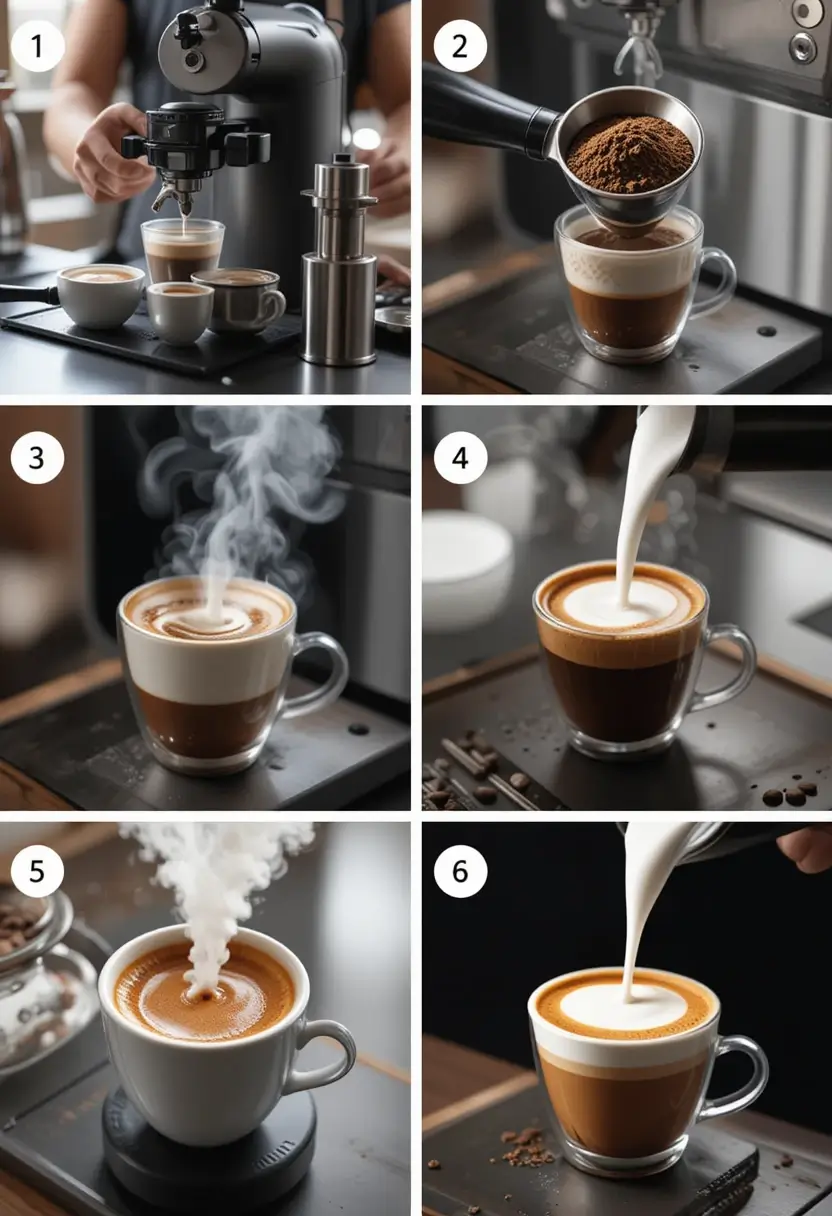 A collage showing six steps of brewing coffee: grinding beans, brewing espresso, steaming milk, and pouring it to create beautiful latte art.
