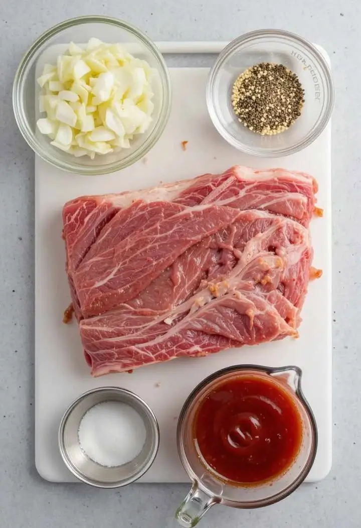A top-down view of ingredients for beef back ribs, including raw ribs, brown sugar, smoked paprika, garlic powder, onion powder, black pepper, salt, dried thyme, cayenne pepper, olive oil, beef broth, apple cider vinegar, Worcestershire sauce, and barbecue sauce, all arranged neatly on a rustic wooden surface.