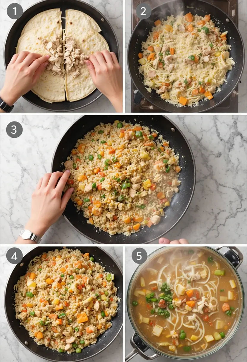 Step-by-step cooking process for transforming leftover rotisserie chicken into quesadillas, fried rice, and homemade soup.
