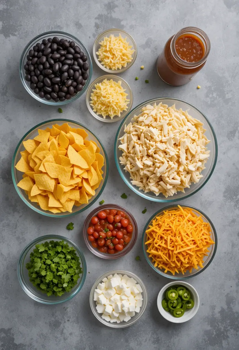Organized ingredients for leftover rotisserie chicken recipes including shredded chicken, vegetables, spices, and recipe-specific components.