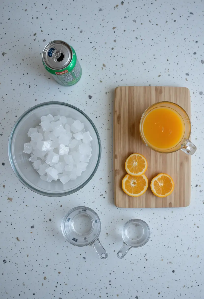 Flat lay image of fresh ingredients for an Orange Crush drink: whole and sliced oranges, triple sec in a glass, a jar of simple syrup, lemon-lime soda, crushed ice, a dish of orange zest, fresh mint leaves, and a garnish-ready orange slice arranged on a light marble surface.
