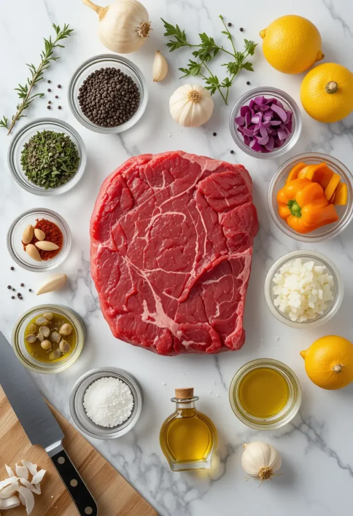 Raw eye of round steak surrounded by fresh ingredients including garlic, black pepper, herbs, lemon, chopped onions, bell pepper, olive oil, and seasonings on a marble countertop.