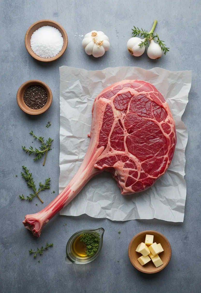 Raw Tomahawk Ribeye Steak on butcher paper surrounded by cooking ingredients including sea salt, black peppercorns, fresh garlic, thyme sprigs, olive oil, and butter cubes.