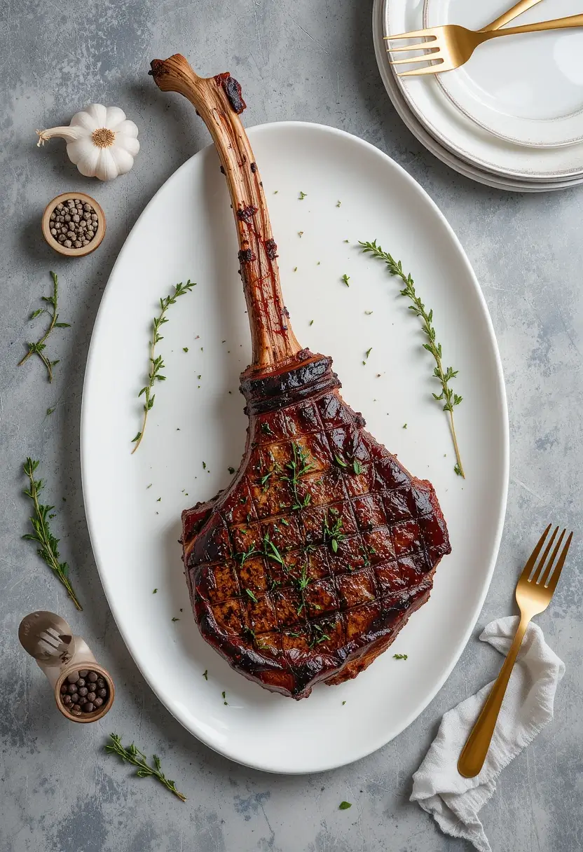 Perfectly cooked Tomahawk Ribeye Steak with a crosshatched sear pattern on a white oval plate, garnished with fresh thyme, served with garlic and peppercorns.
