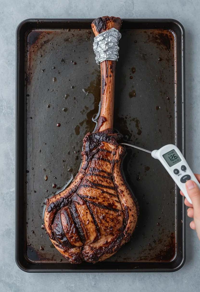 Tomahawk Ribeye Steak on a baking sheet with meat thermometer showing 125°F (medium-rare), with aluminum foil wrapped around the bone to prevent burning.