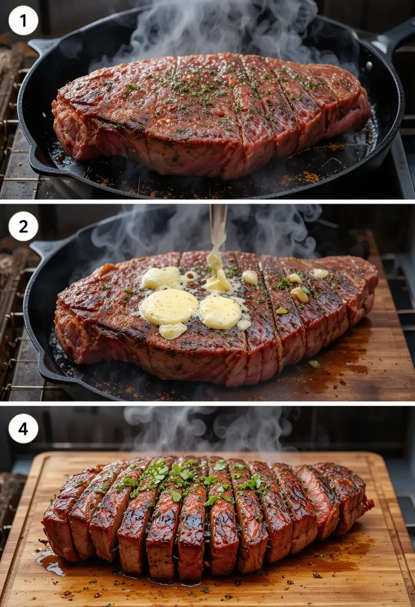Step-by-step cooking process of tomahawk steak showing: 1) seasoned steak searing in cast iron pan, 2) adding butter for basting, and 4) the sliced finished steak resting on a wooden board.