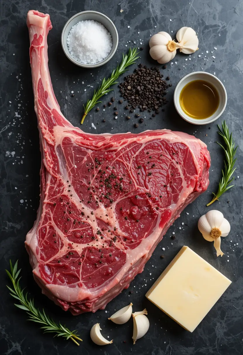 Raw tomahawk steak with ingredients for Gordon Ramsay's recipe: sea salt, black peppercorns, fresh rosemary sprigs, garlic cloves, olive oil, and butter on dark stone surface.