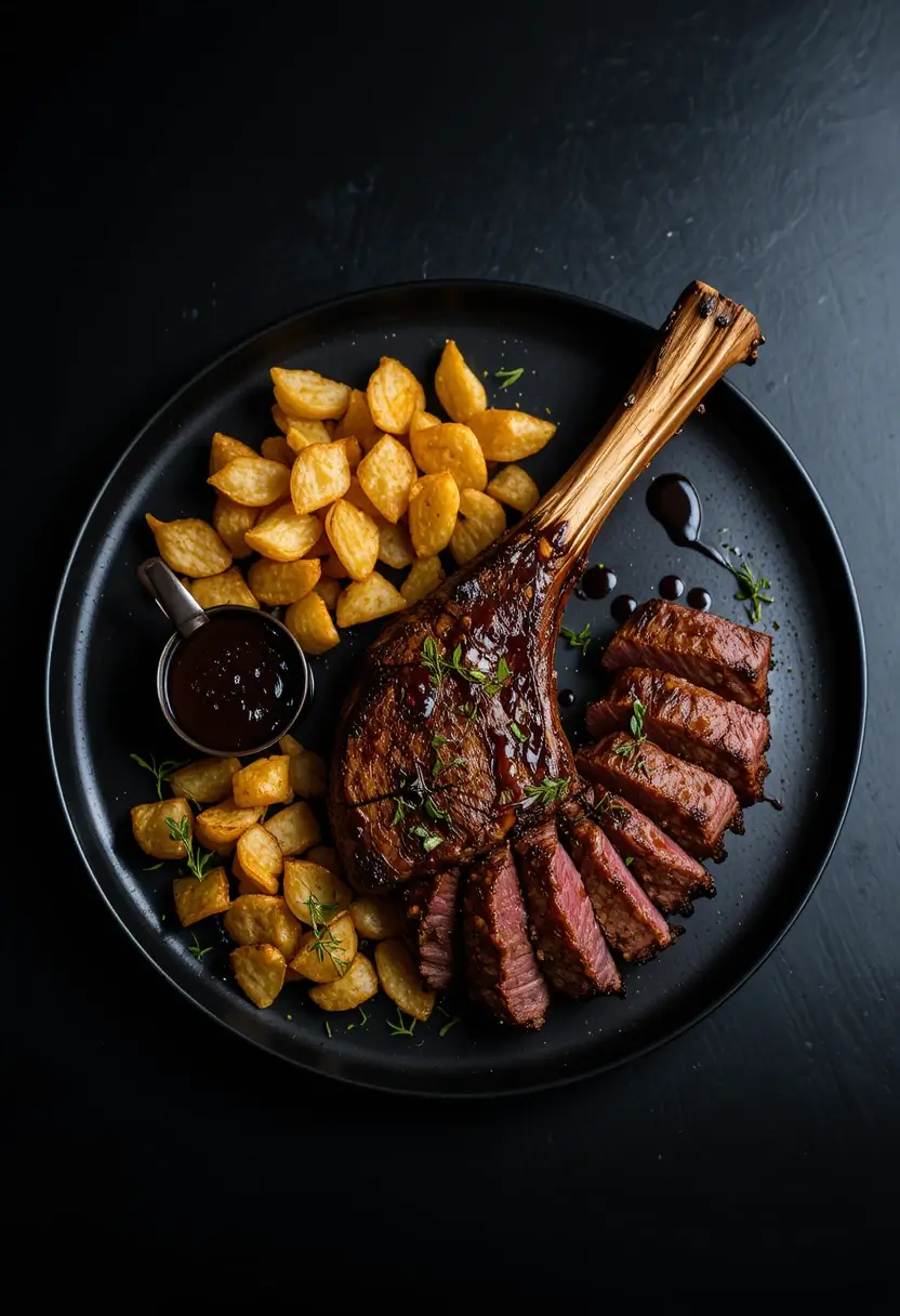 Perfectly cooked tomahawk steak sliced and served on a black plate with golden crispy potatoes, fresh herbs, and a side of rich sauce - Gordon Ramsay style presentation.