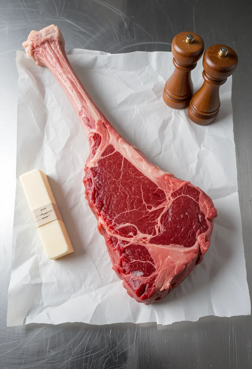 Raw tomahawk steak placed on white parchment paper, accompanied by a stick of butter and two wooden pepper grinders, displayed on a stainless steel surface.