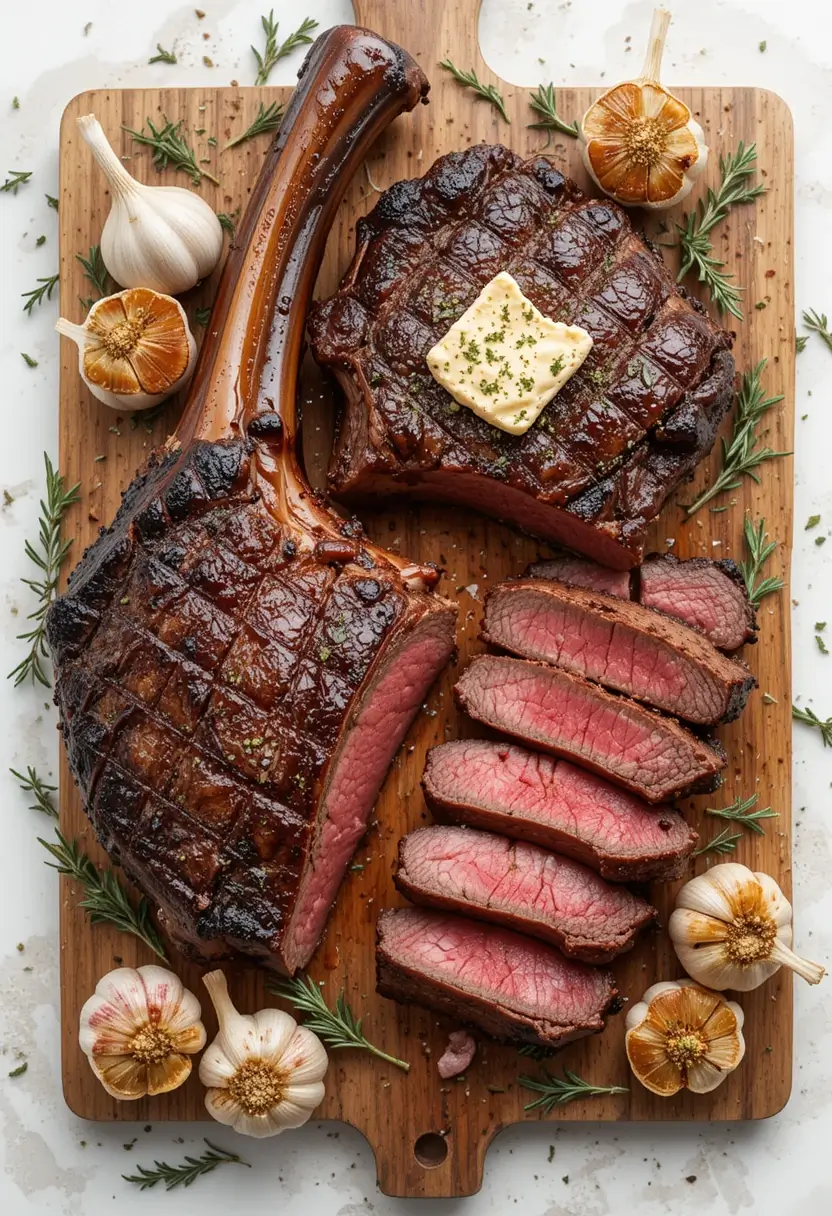 Perfectly cooked tomahawk steak sliced and served on a wooden cutting board, topped with a pat of herb butter and surrounded by fresh rosemary and roasted garlic bulbs.