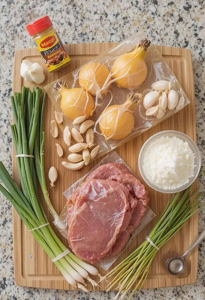Fresh ingredients for authentic shaking beef recipe including beef tenderloin, Asian sauces, and vegetables