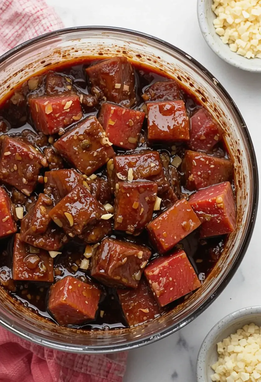 Marinating beef cubes in oyster sauce, soy sauce and fish sauce for Vietnamese shaking beef