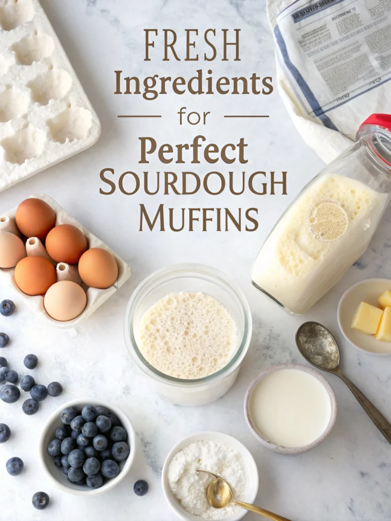 Top-down view of sourdough muffin ingredients neatly arranged on marble surface: starter jar, flour, eggs, butter, milk, berries. Text: 'Fresh Ingredients for Perfect Sourdough Muffins'. Clean, bright lighting.
