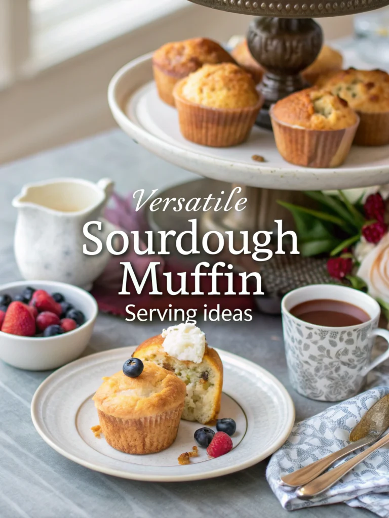 4 serving scenarios: breakfast muffin with coffee, tea-time display, dessert with cream and berries, portable lunch wrap. Text: 'Versatile Sourdough Muffin Serving Ideas'. Natural lighting, lifestyle photography style.