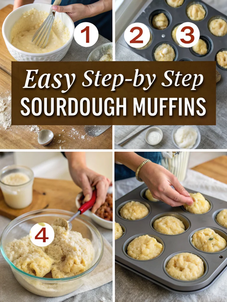 4-panel step-by-step collage: mixing batter, folding ingredients, filling muffin cups, baked golden muffins. Grid layout with step numbers. Text: 'Easy Step-by-Step Sourdough Muffins'. Warm kitchen lighting.