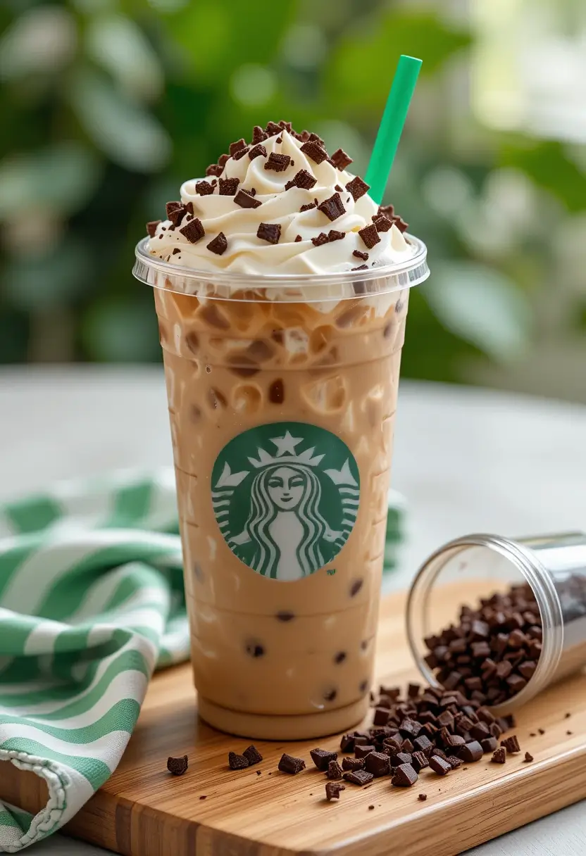 Homemade Starbucks drinks served in various mugs and glasses with professional garnishes, including a latte in a preheated mug, iced coffee with coffee ice cubes, and a frappuccino with whipped cream and caramel drizzle, arranged on a wooden tray.
