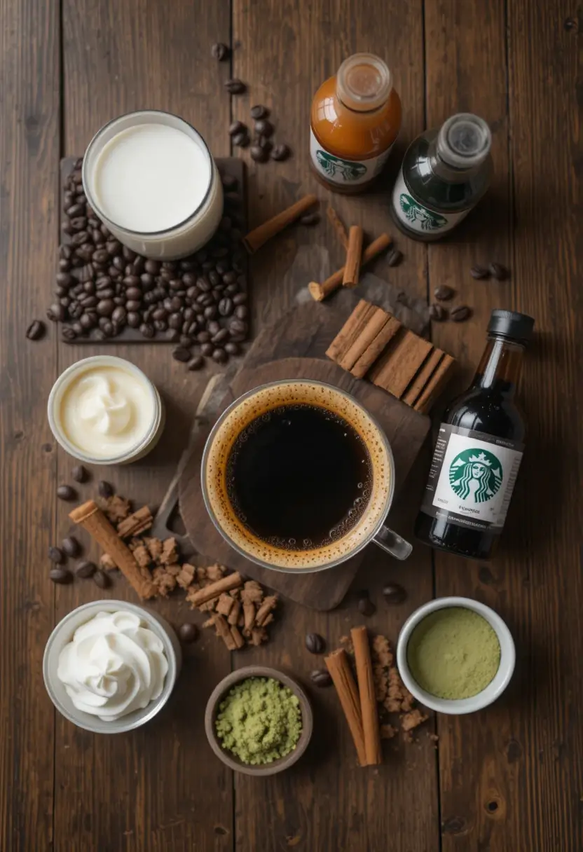 A top-down view of Starbucks drink ingredients, including espresso beans, a steaming coffee cup, milk, flavored syrups, whipped cream, cinnamon sticks, and matcha powder on a rustic wooden table.