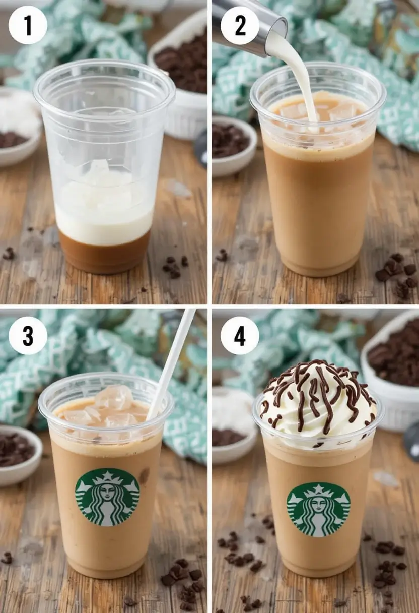 Step-by-step infographic showing how to make Starbucks drinks at home, with illustrations of brewing espresso, frothing milk, adding flavors, mixing ingredients, and topping with whipped cream and garnishes.