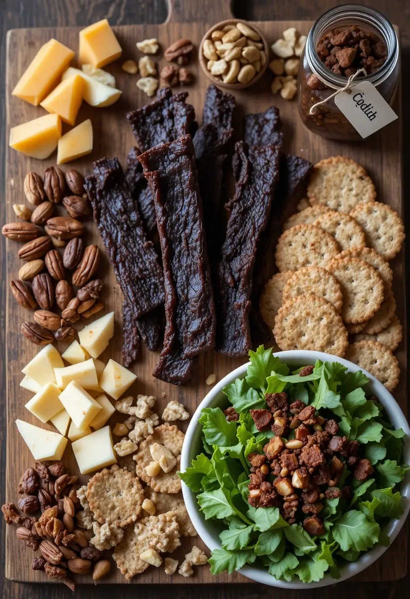A rustic wooden board featuring stacked beef jerky, assorted cheese cubes, mixed nuts, crackers, and a green salad in a black bowl.