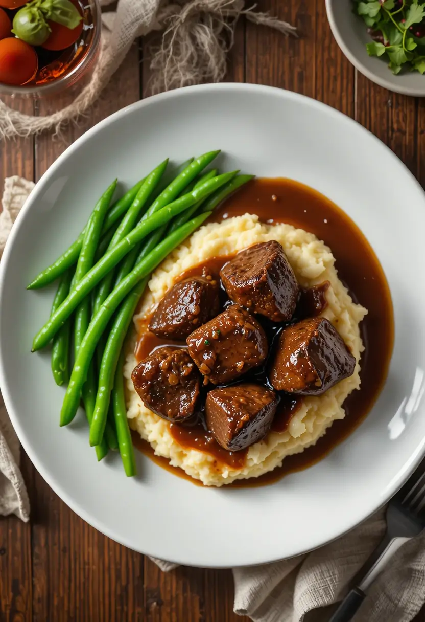 A white plate with tender beef tips in rich brown gravy served over a bed of creamy mashed potatoes, accompanied by fresh green beans. The plate is set on a rustic wooden table with a fork and napkin beside it, along with a bowl of cherry tomatoes and a small salad in the background.