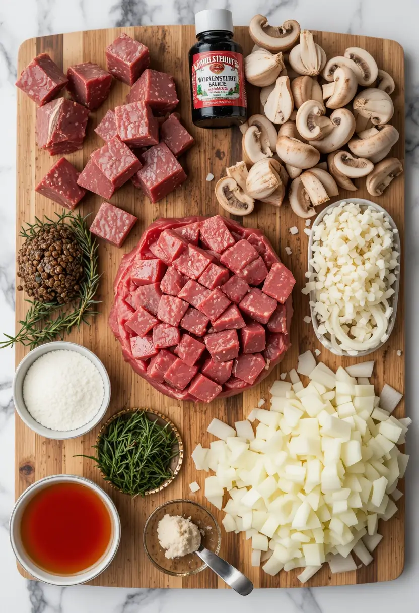 Overhead view of a wooden cutting board with neatly arranged ingredients for a beef and mushroom stew, including cubed raw beef, sliced mushrooms, diced onions, diced potatoes, minced garlic, fresh rosemary, Worcestershire sauce, grated cheese, a bouillon cube, beef broth, and cauliflower rice.