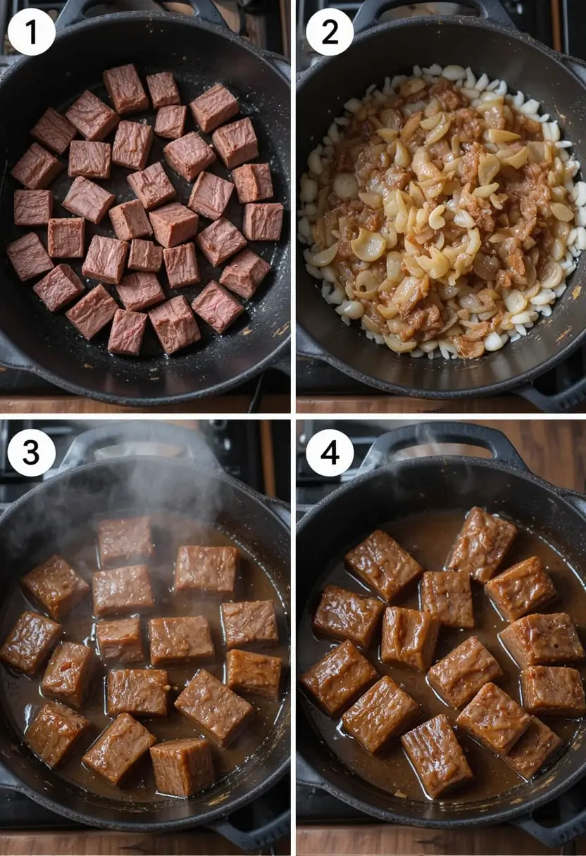 Four-step cooking process collage showing cubed beef and onions being cooked in a black pot. Step 1 shows seared beef cubes. Step 2 shows sautéed onions mixed with the beef. Step 3 shows the beef simmering in broth. Step 4 shows the beef fully coated in a rich sauce as it finishes cooking.