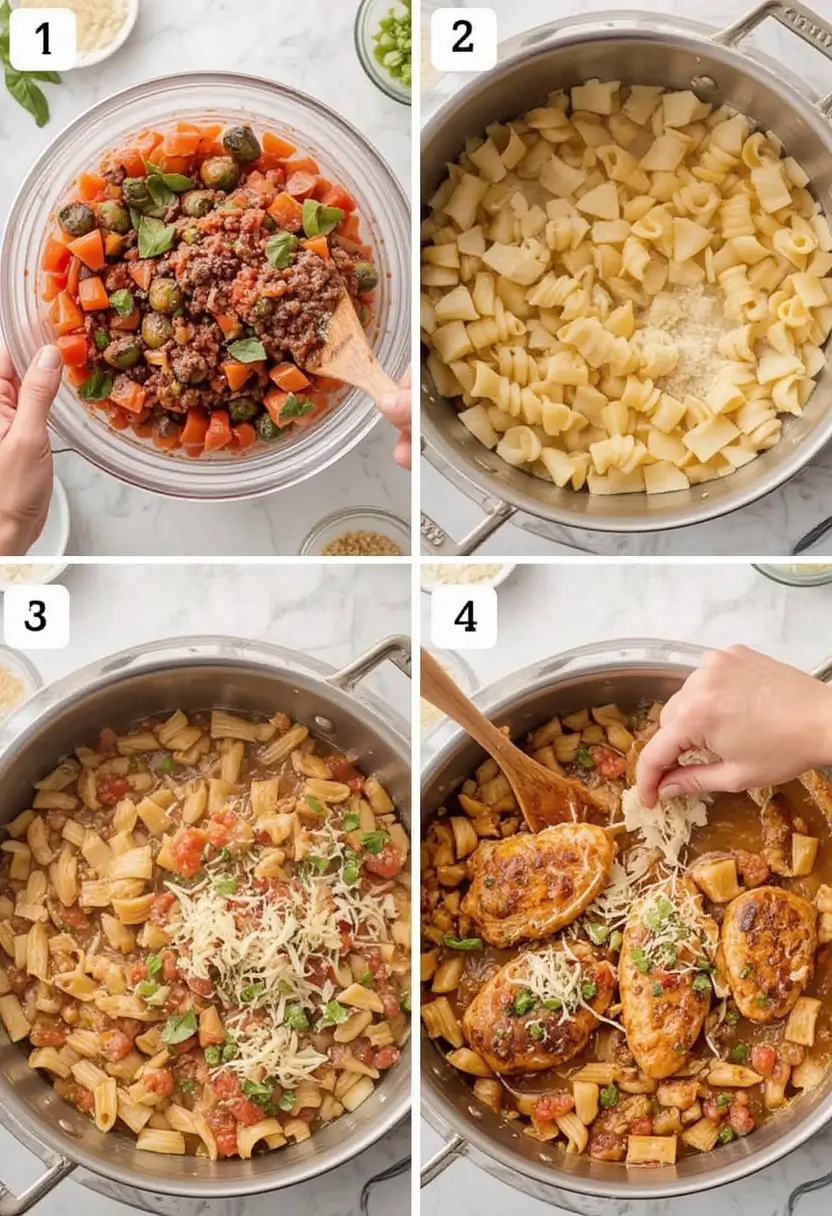 Four-step collage of cooking chicken pasta: mixing vegetables and meat, cooking pasta, combining ingredients in a pan with cheese, and adding seared chicken breasts on top.