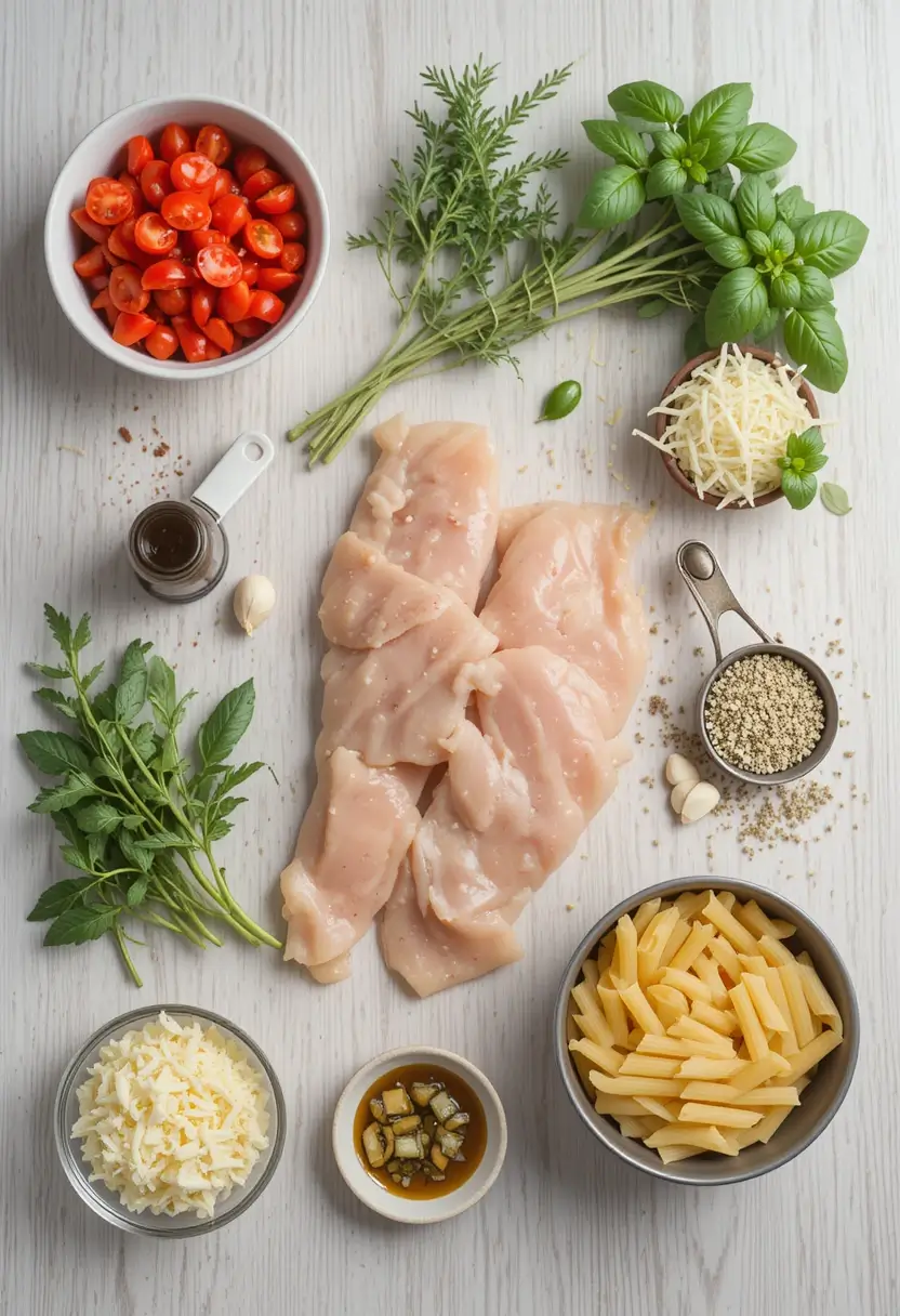 Flat lay of raw ingredients for chicken pasta including raw chicken breasts, cherry tomatoes, fresh herbs, pasta, shredded cheese, garlic, and olive oil on a light wooden surface.