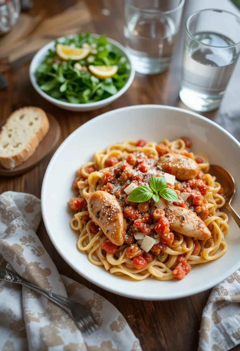 A white bowl filled with linguine pasta topped with grilled chicken, tomato-based sauce, parmesan shavings, and fresh basil, served alongside a green salad, a slice of bread, and two glasses of water.