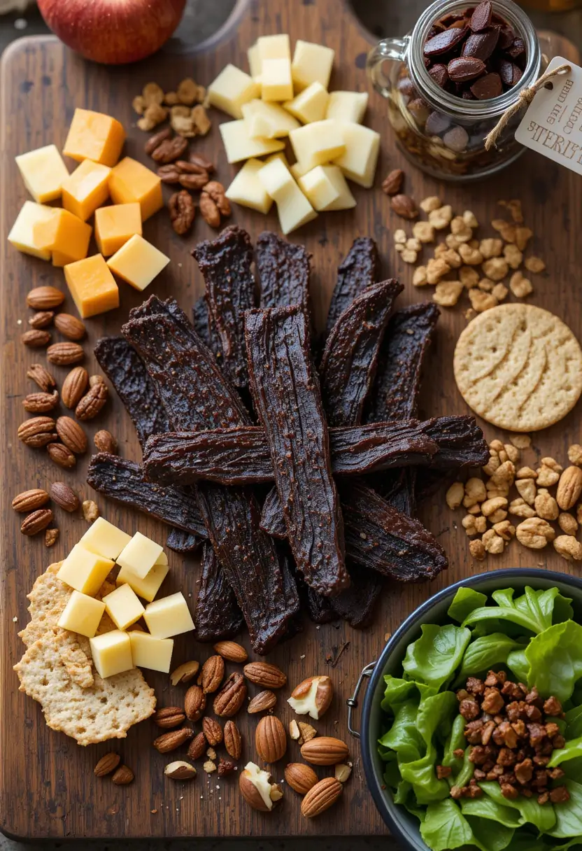 A wooden board topped with strips of beef jerky, cubes of cheese, mixed nuts, crackers, and a fresh green salad in a bowl.