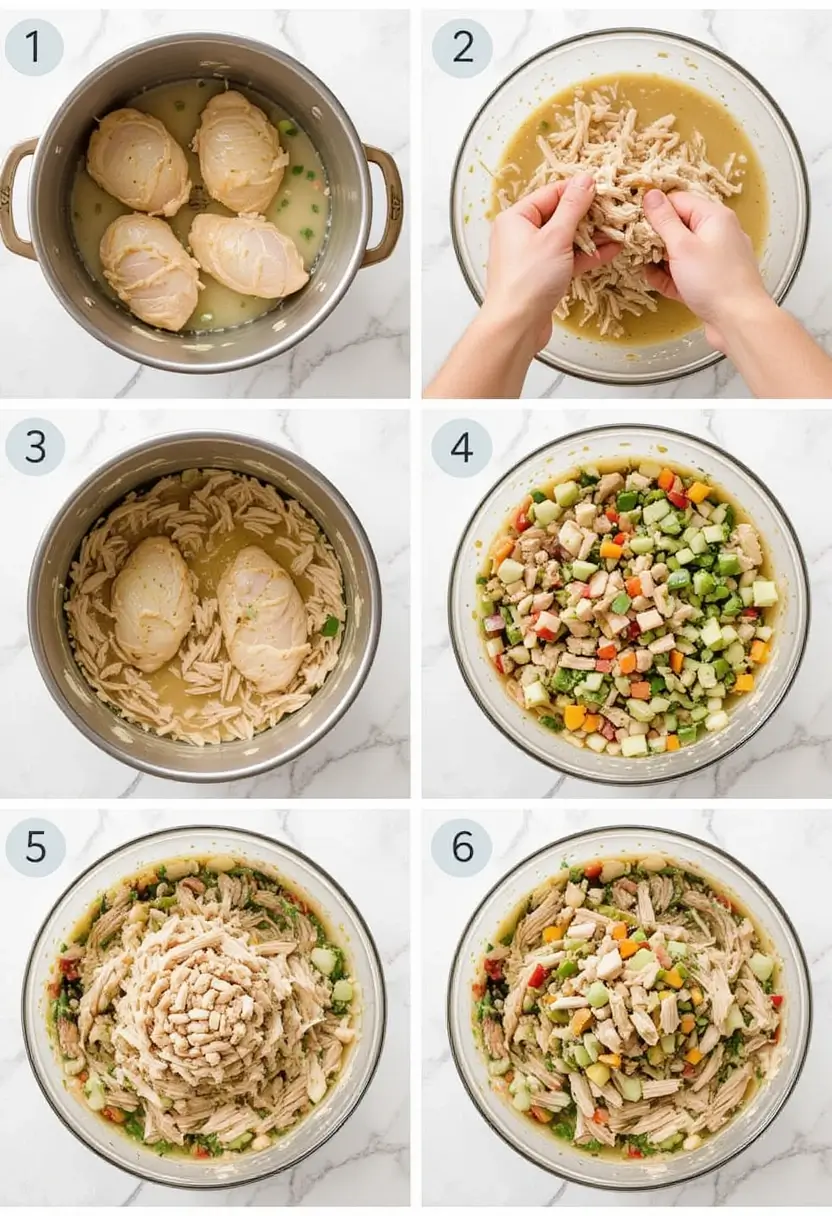 Six-step collage showing the process of making chicken salad: (1) raw chicken breasts cooking in broth, (2) hands shredding cooked chicken, (3) partially shredded chicken in broth, (4) diced vegetables added to a mixing bowl, (5) shredded chicken added on top, (6) fully mixed chicken salad with vegetables.