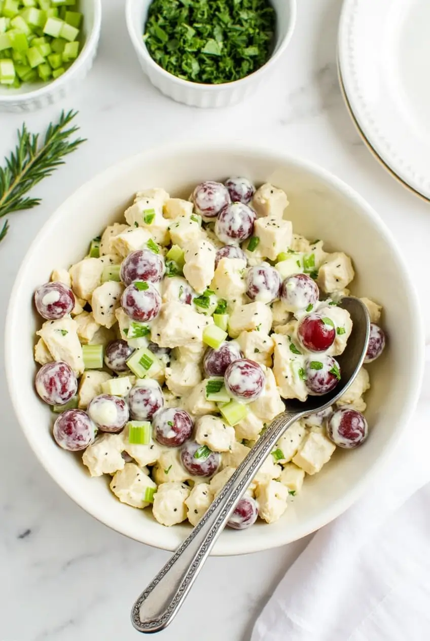Bowl of creamy chicken salad with red grapes, chopped celery, and herbs, served with a spoon; garnished with black pepper and surrounded by small bowls of chopped celery and parsley.