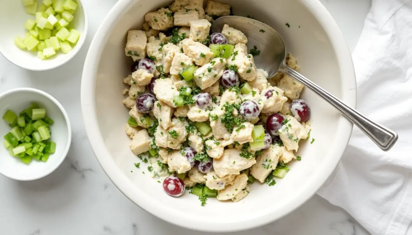 Bowl of chicken salad with diced chicken, halved red grapes, chopped celery, and fresh herbs, with a spoon resting inside the bowl; small bowls of extra chopped celery on the side.