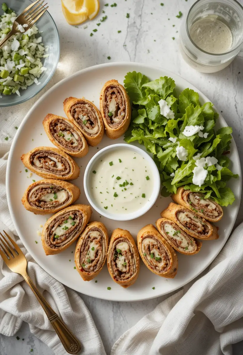 Plated Keto Philly Cheesesteak Roll Ups arranged in a circle on a white dish with a bowl of dipping sauce in the center, garnished with parsley and served with a side salad and sparkling water for a complete keto-friendly meal.