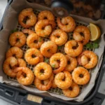 Cooked frozen shrimp in an air fryer basket, garnished with parsley and lemon slices, on a kitchen counter with dipping sauce.