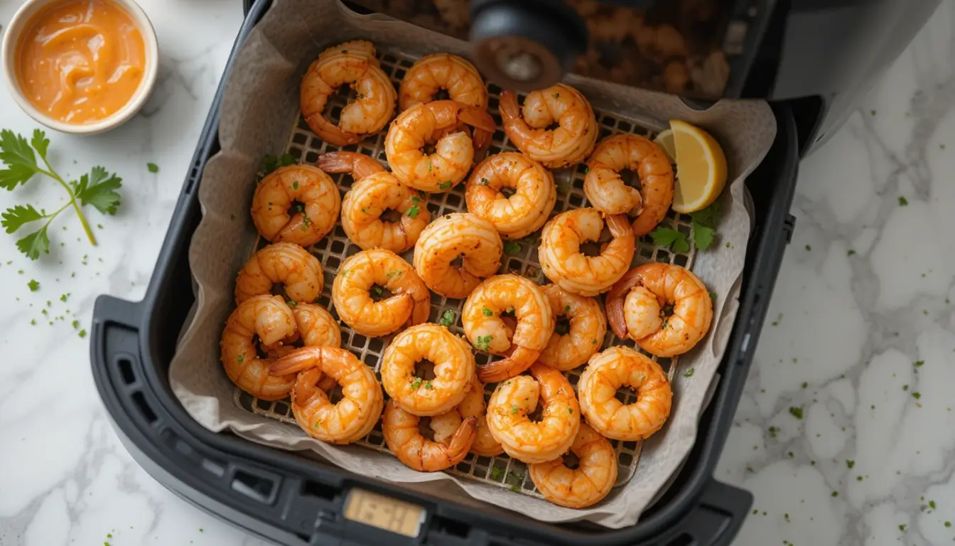 Cooked frozen shrimp in an air fryer basket, garnished with parsley and lemon slices, on a kitchen counter with dipping sauce.